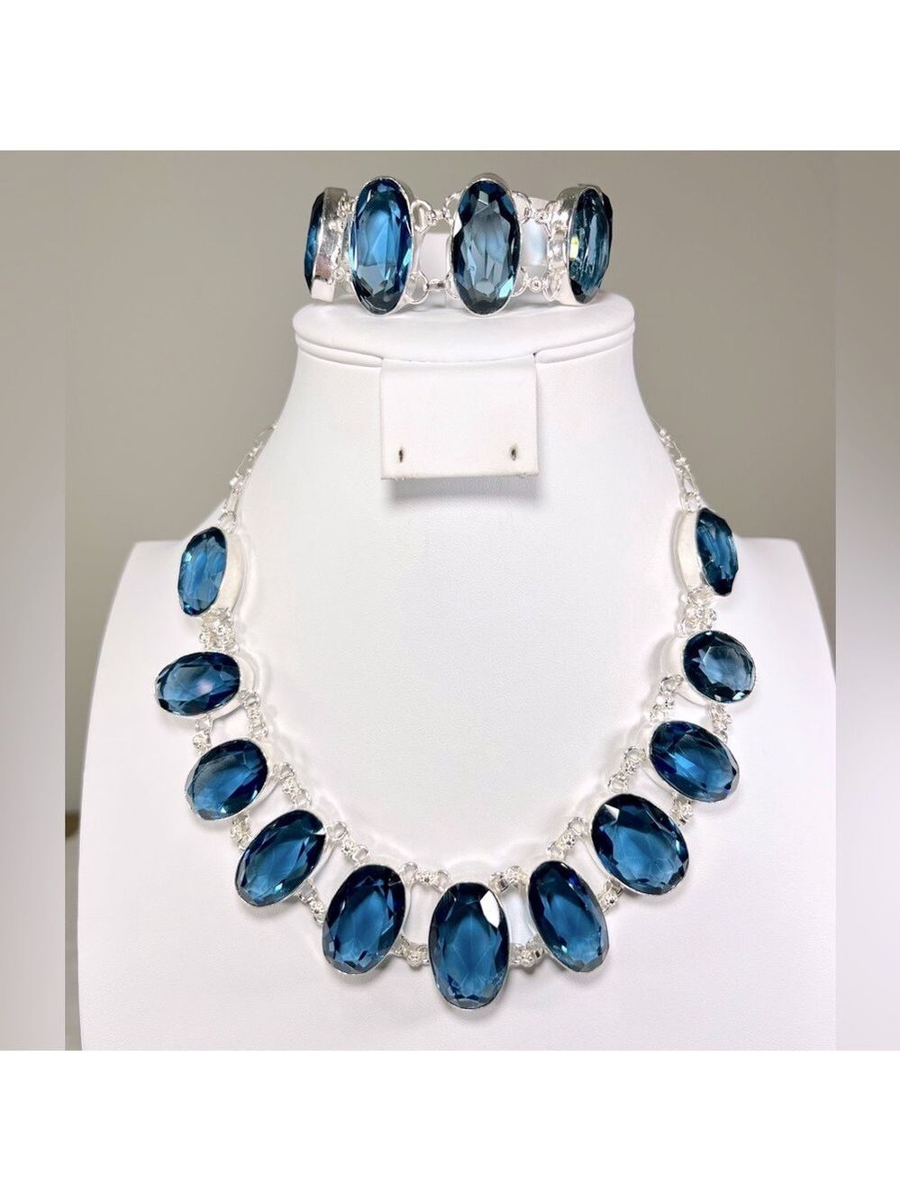 London Blue Topaz 925 Large Synthetic Gemstone Necklace & Large Bracelet